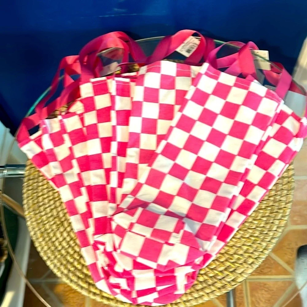 NWT Set of 10 Canvas Pink & White Checkered Party Favor Gift Bags - Wine Bags